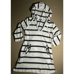 Ellen Weaver Womens Small S T Shirt Dress White Blue Striped Hooded 3/4 Sleeve